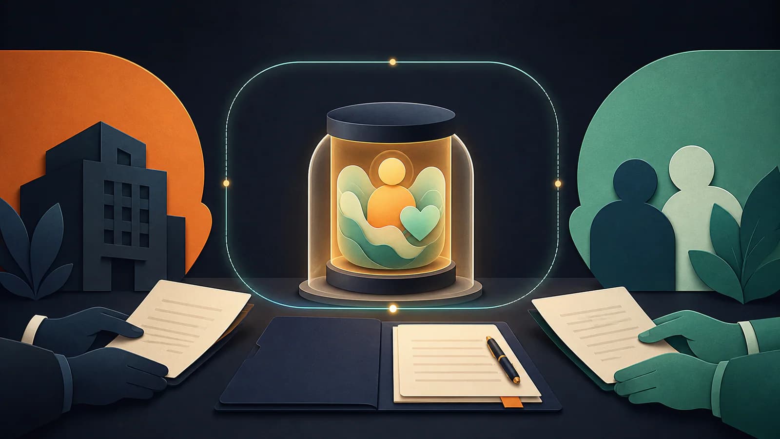 A sealed wellbeing data capsule sits behind a glowing boundary while two parties review separate contract documents.