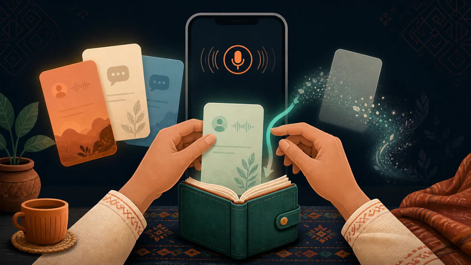 Hands choose a reflection card to save in a journal while another card dissolves beside a voice-enabled phone.