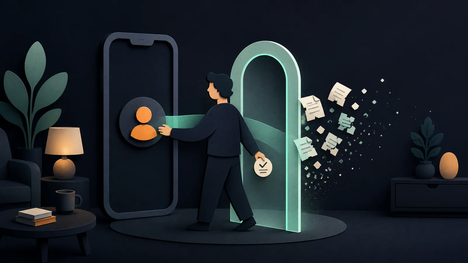 A person moves an account token through a glowing confirmation gateway as paper records dissolve behind it.