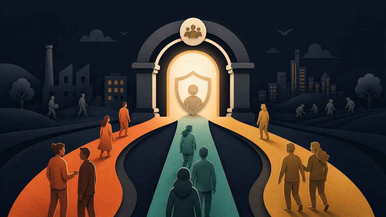 Three pathways from factory, office and field workers converge at a protected workplace support gateway.