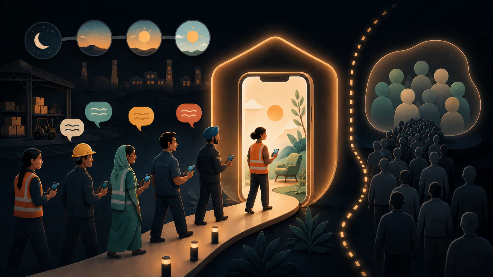 Frontline workers holding phones follow a lit path into a shielded doorway beside grouped, faceless silhouettes.