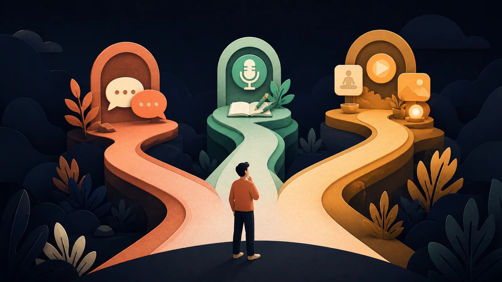 A person stands where three winding paths lead to conversation, voice and guided activity symbols.