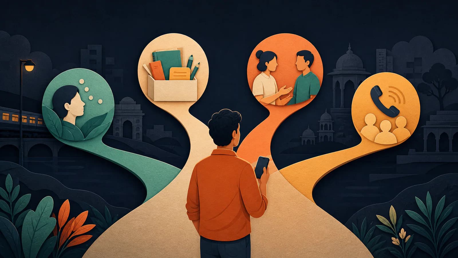 A person holding a phone considers four paths toward reflection, guided tools, human conversation, and public phone support.